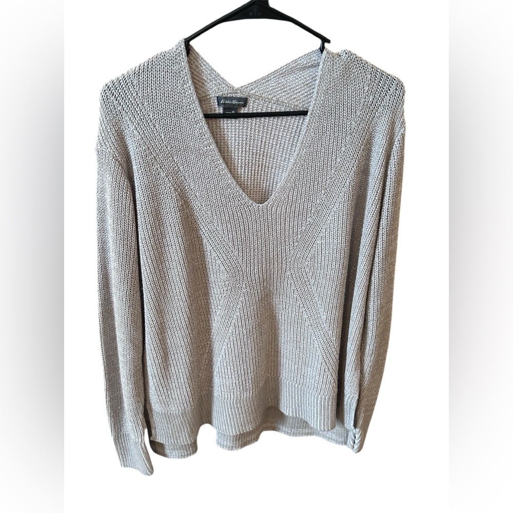 Eddie Bauer Womens X-Large Knit Vneck Sweater Gray Beige Pullover